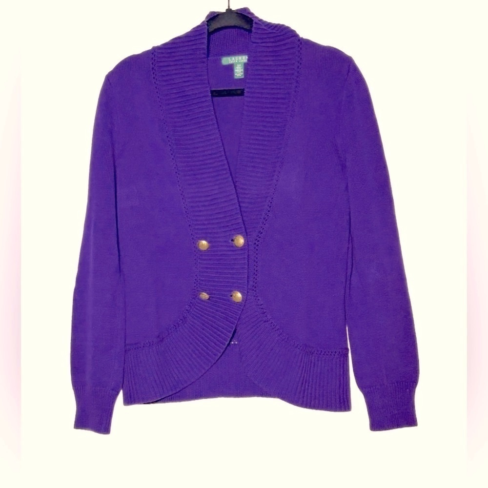 Lauren Ralph Lauren Purple Cardigan with Gold Buttons, Small Petite SP